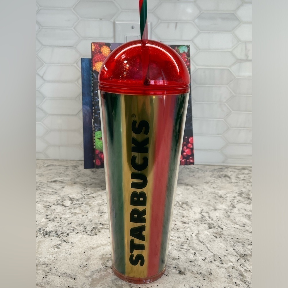 Starbucks 2024 Metallic Red Green & Gold Stripe Cold Cup Dome Tumbler. NWT! WOW!